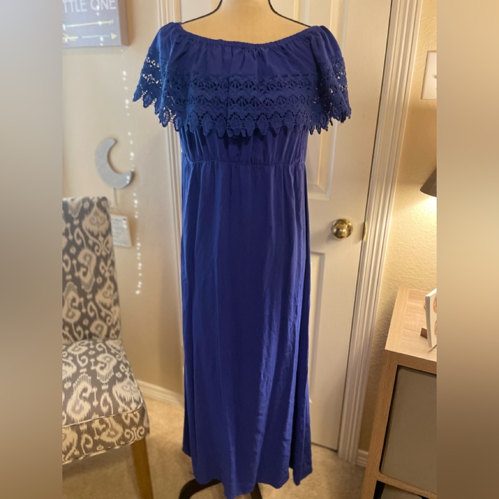 Royal Blue off the shoulder Rayon Maxi Dress Size XL Bust measures approx 38”